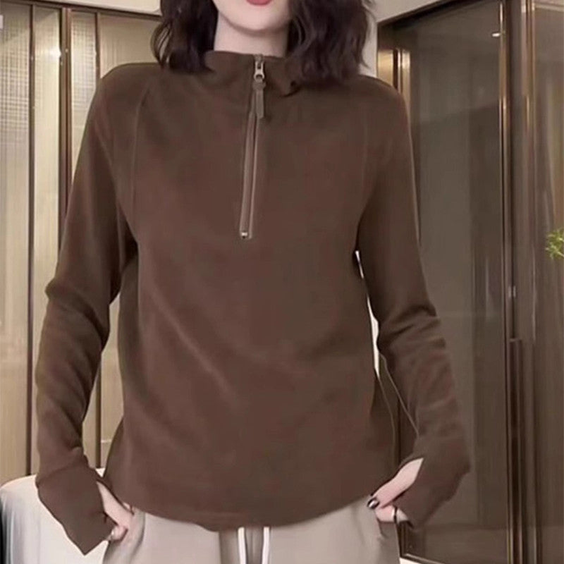 Women's Half-Zip Fleece Pullover Stand Collar Sweatshirt