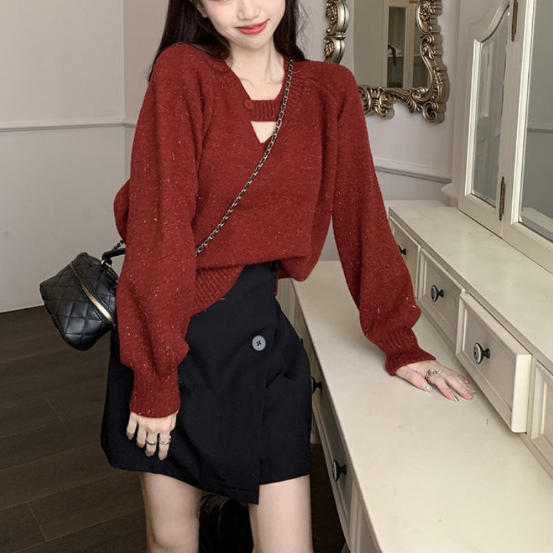 Knitted Sweater Women's Autumnwinter Korean-style Loose-fit Slimming Top with Exposed Collarbones and Long Sleeves