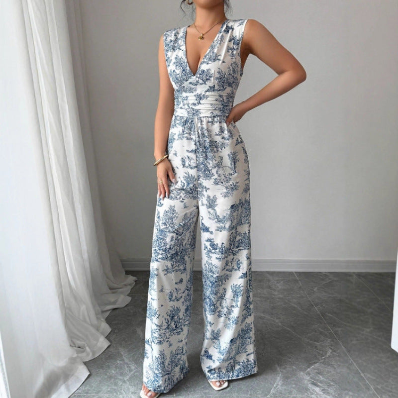 Elegant Blue & White Porcelain Print Wide-Leg Jumpsuit