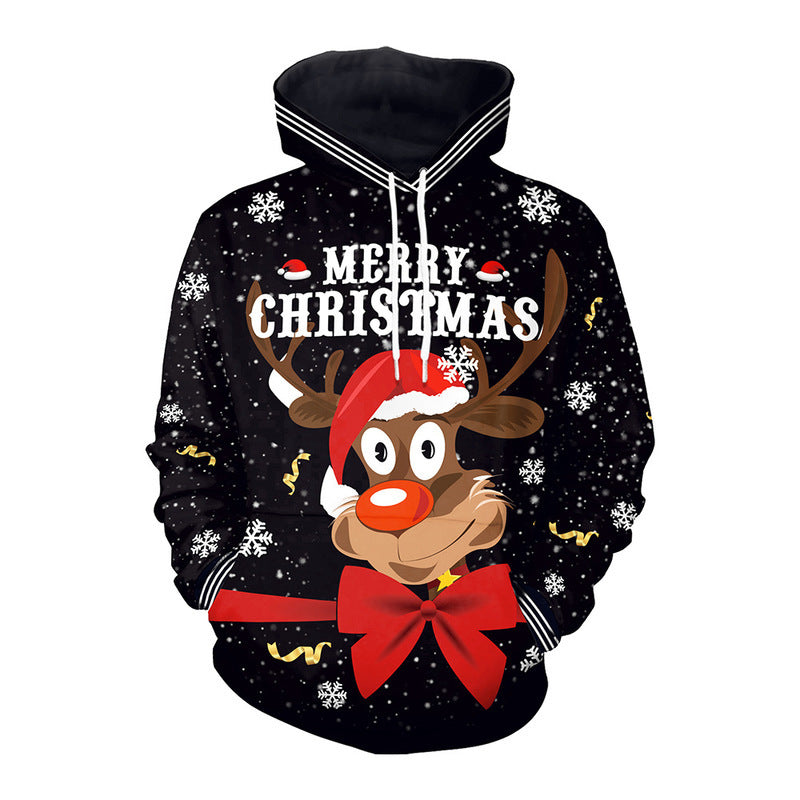 Festive Elk Christmas Print Couple Hooded Sweater