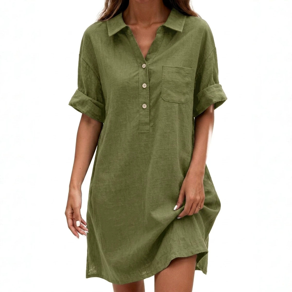 Cotton-linen Solid-color Shirt-collar Casual Breathable Dress
