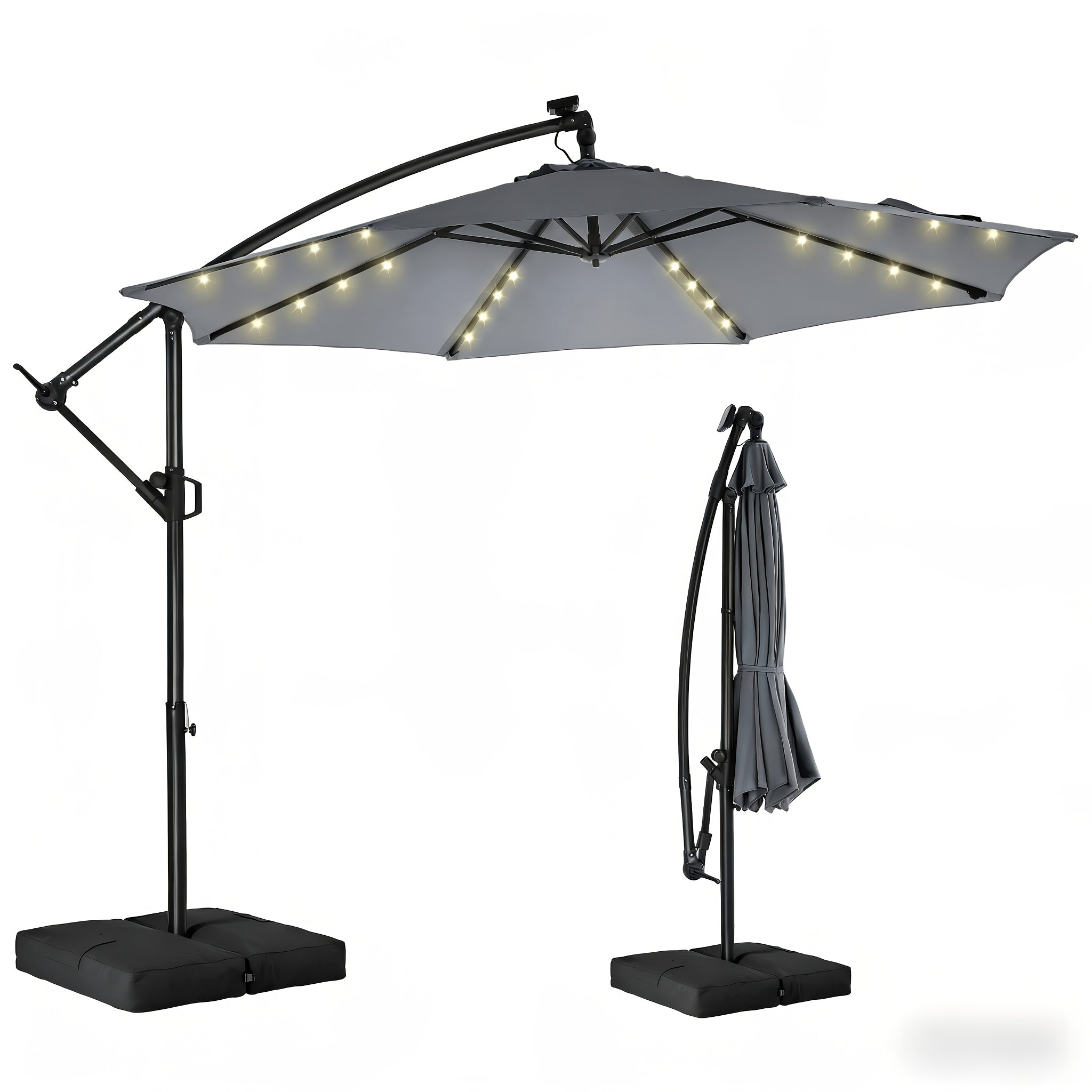 [With Light And Base]10ft Solar Lights Offset Cantilever Patio Umbrella Sun Shade, LED Solar Lighted Offset Hanging Patio Outdoor Market Umbrella, UPF50+ UV Protection With Easy Tilt And Crank, For Gardens, Decks, Backyards And Poolside.