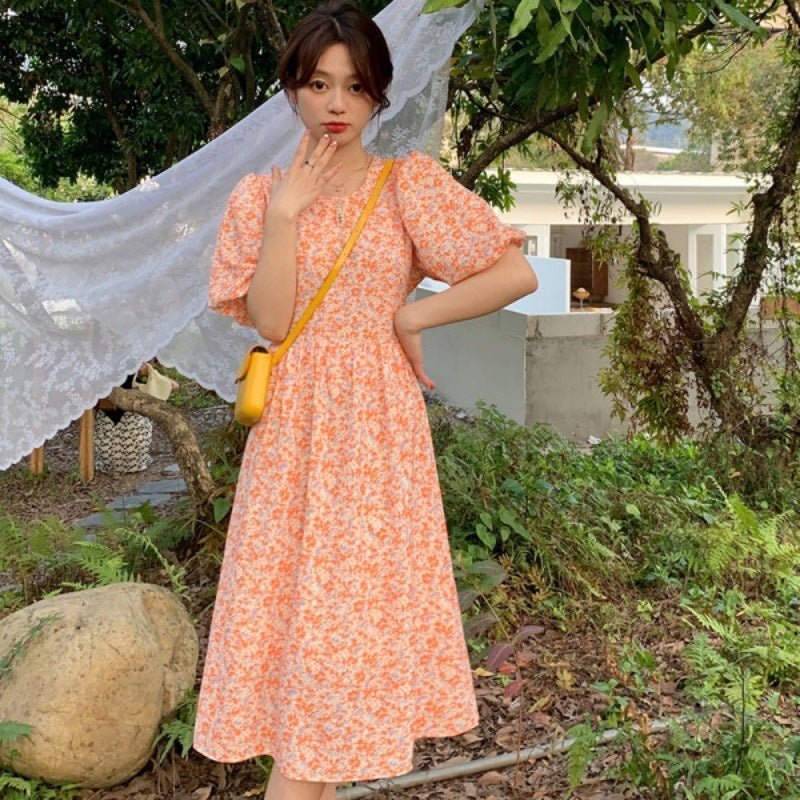 Orange Floral Print Puff Sleeve Dress - Women's Short Sleeve Casual Summer Midi Dress with Sweet Style
