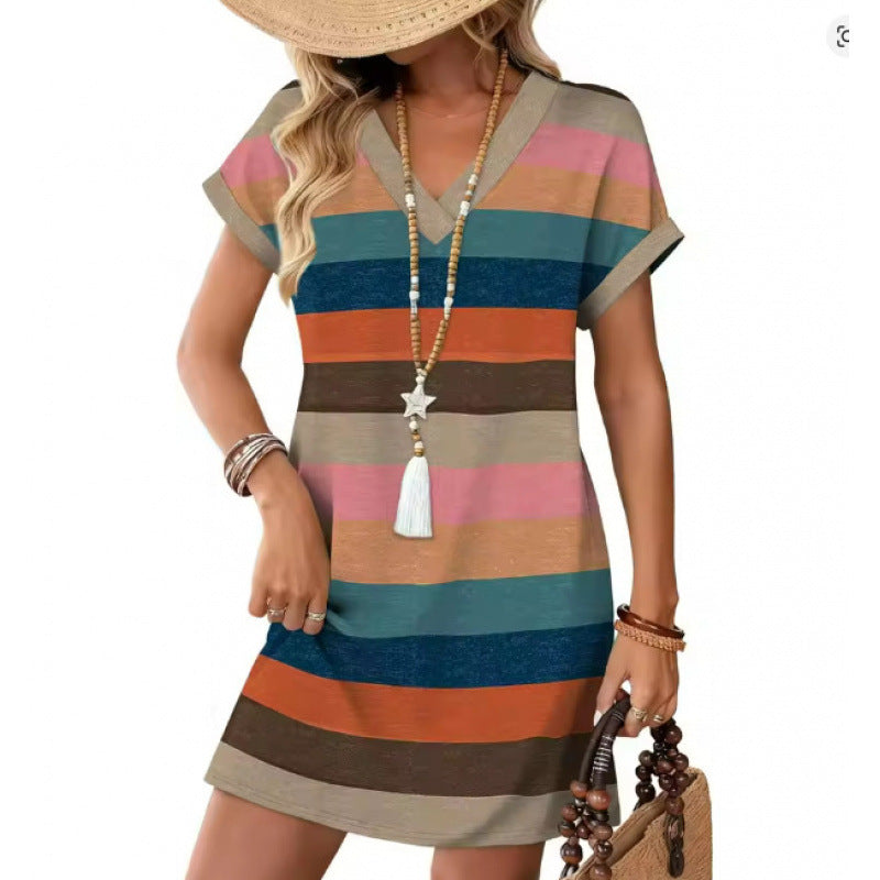 European and American-style Fashionable Printed Loose-fit V-neck Short-sleeve Dress