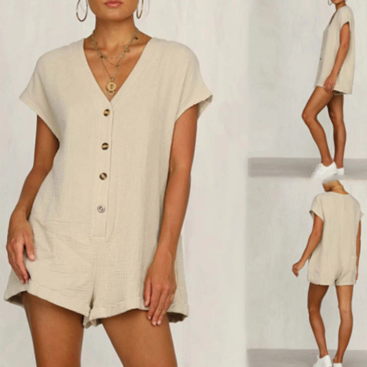Chic V-Neck Button Short Sleeve Romper
