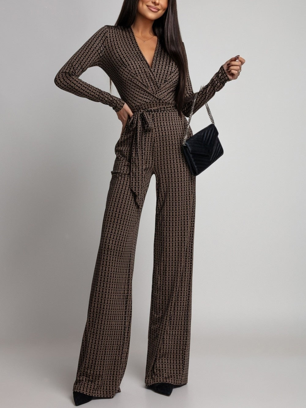 Zebra-Print V-Neck Long-Sleeve Jumpsuit European And American Fashion Style
