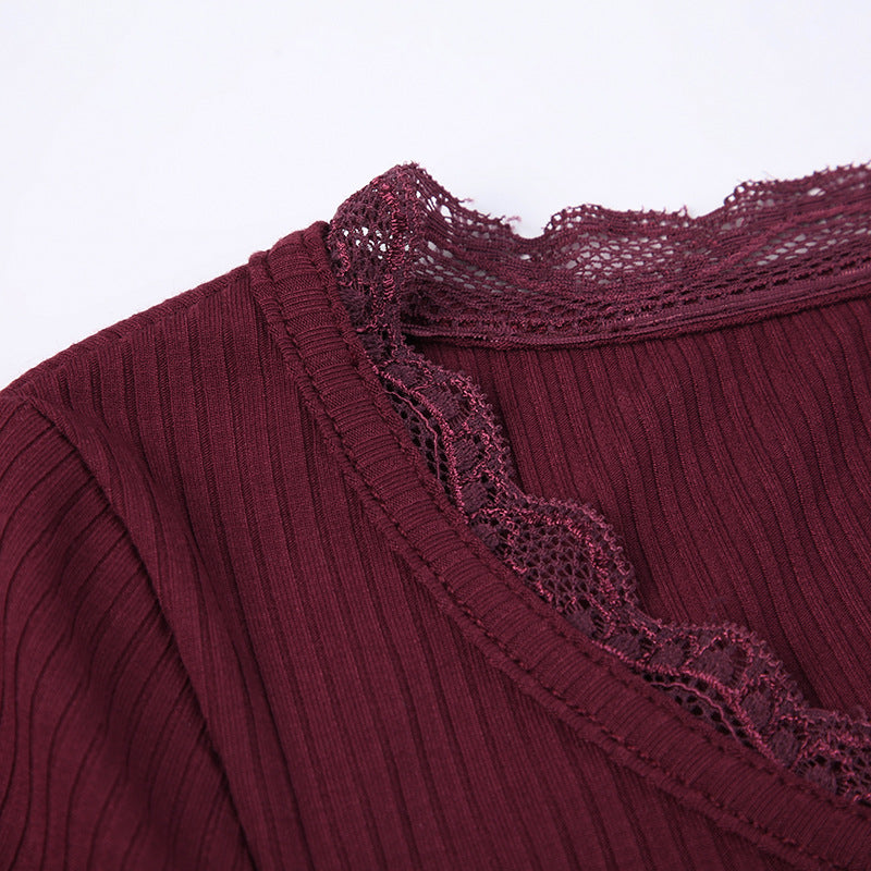 Lace Stitching Slim-Fit Long Sleeve Top