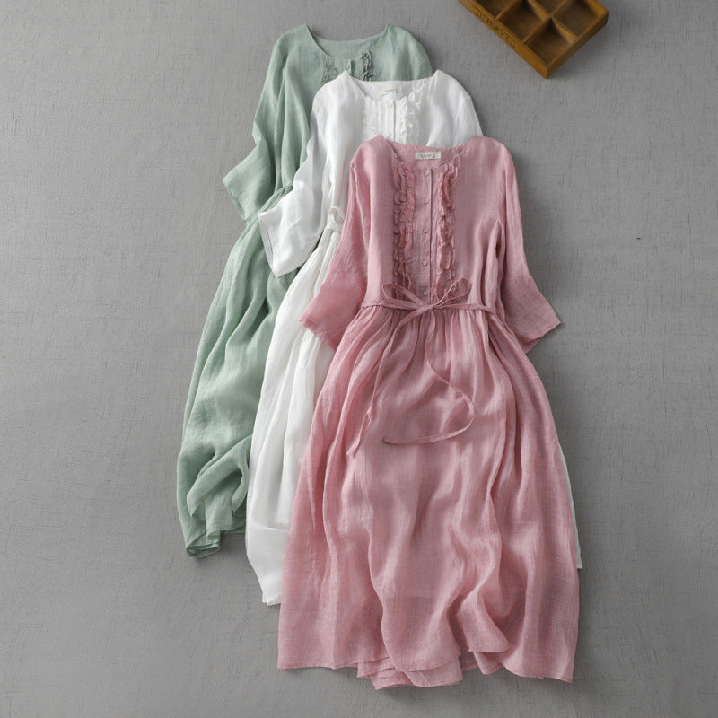 Artistic Vintage Ramie Crew-neck Double-layer Ethereal Lace-up Wais…