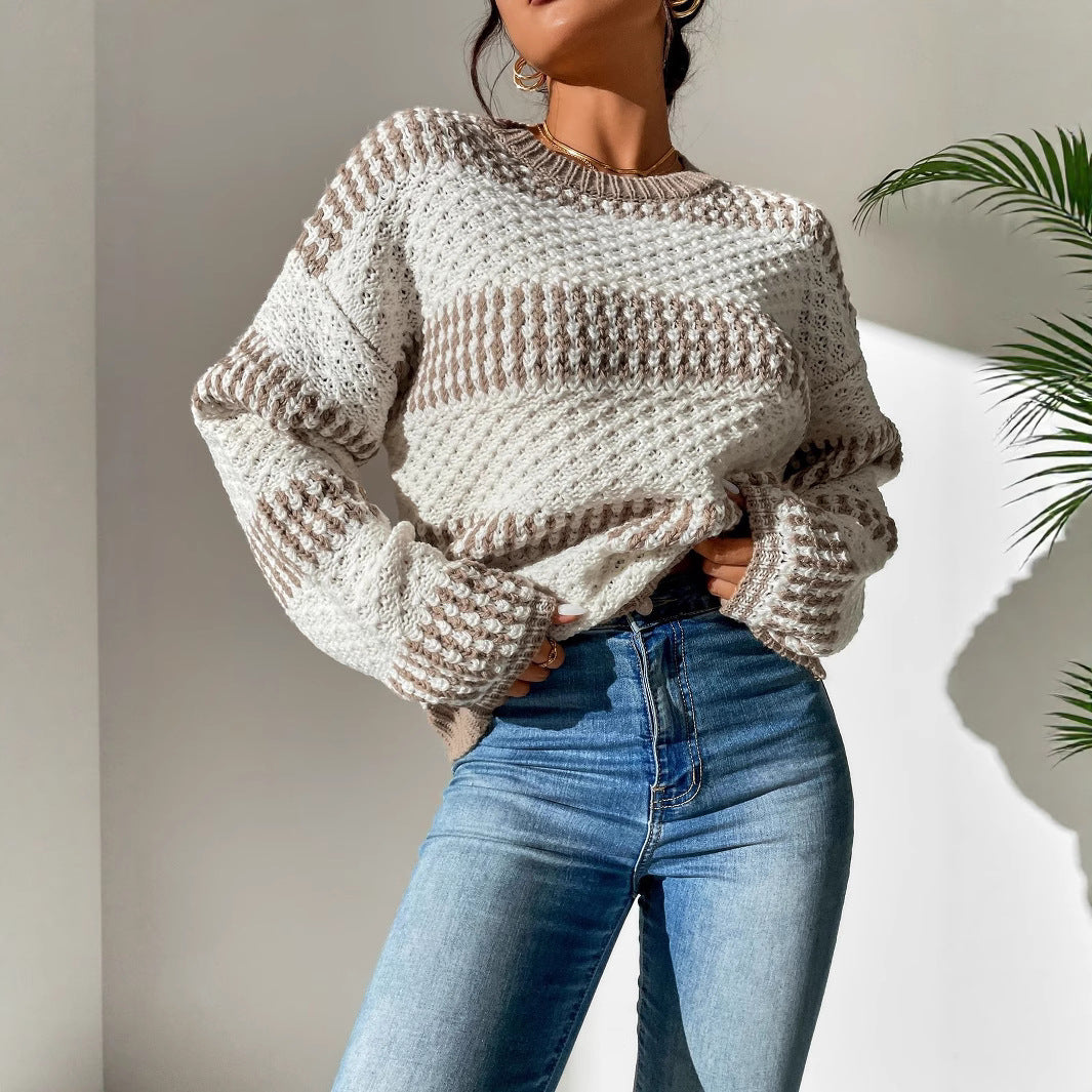 Contrast Color Drop Shoulder Round Neck Loose Casual Long Sleeves Sweater