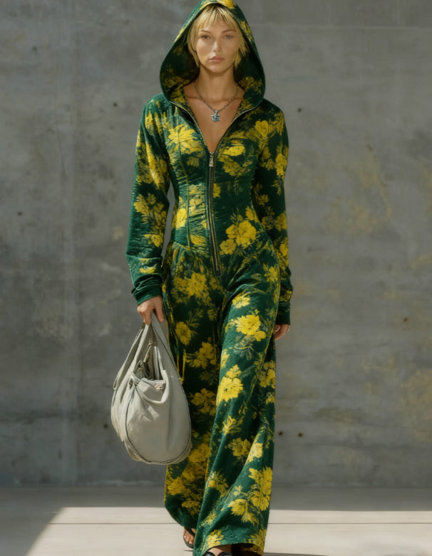 Printed Casual Hooded Zip-Up Slim-Fit Jumpsuit