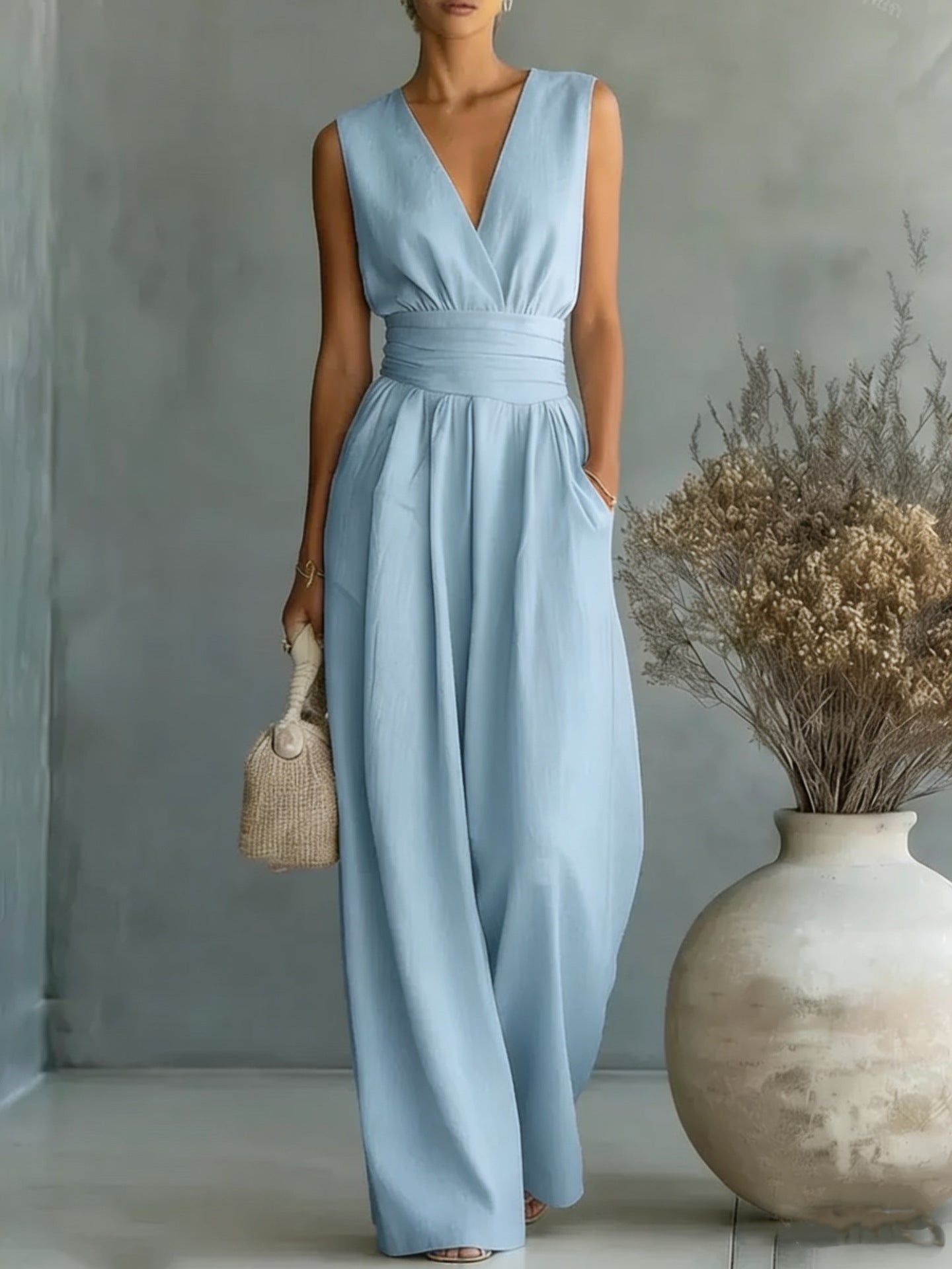 Womens Elegant Sleeveless Waist-Cinching V-Neck Sophisticated Jumpsuit