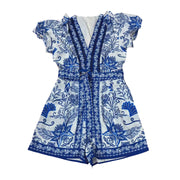 Vintage Print Ruffled Fly-Sleeve Jumpsuit for Women