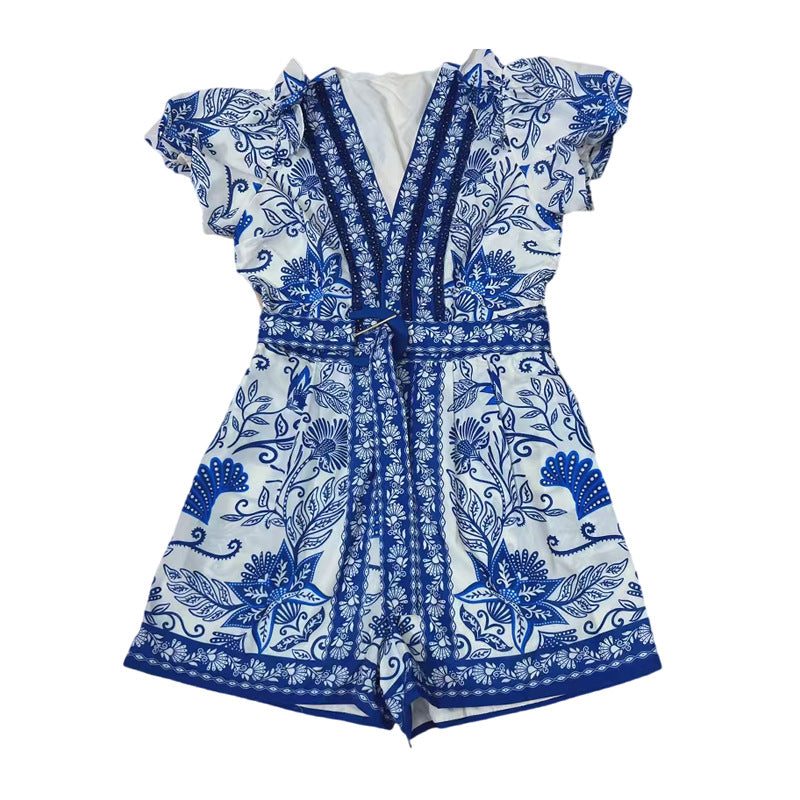 Vintage Print Ruffled Fly-Sleeve Jumpsuit for Women