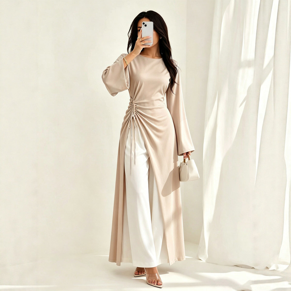 Elegant Dress with Side Drawstring Waist Flared Sleeves and a Slit…