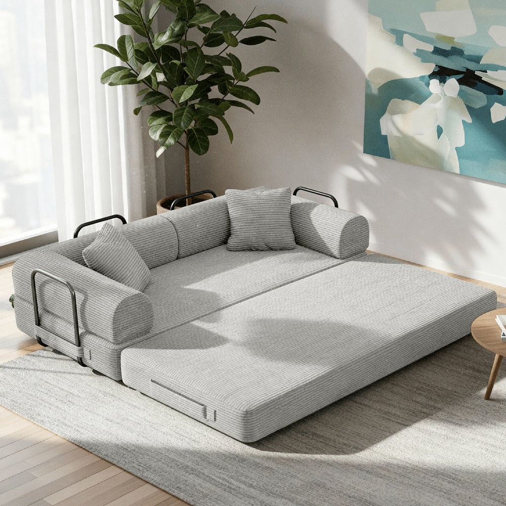 Modular L-shaped chaise longue sofa bed with deep seat and corduroy upholstery