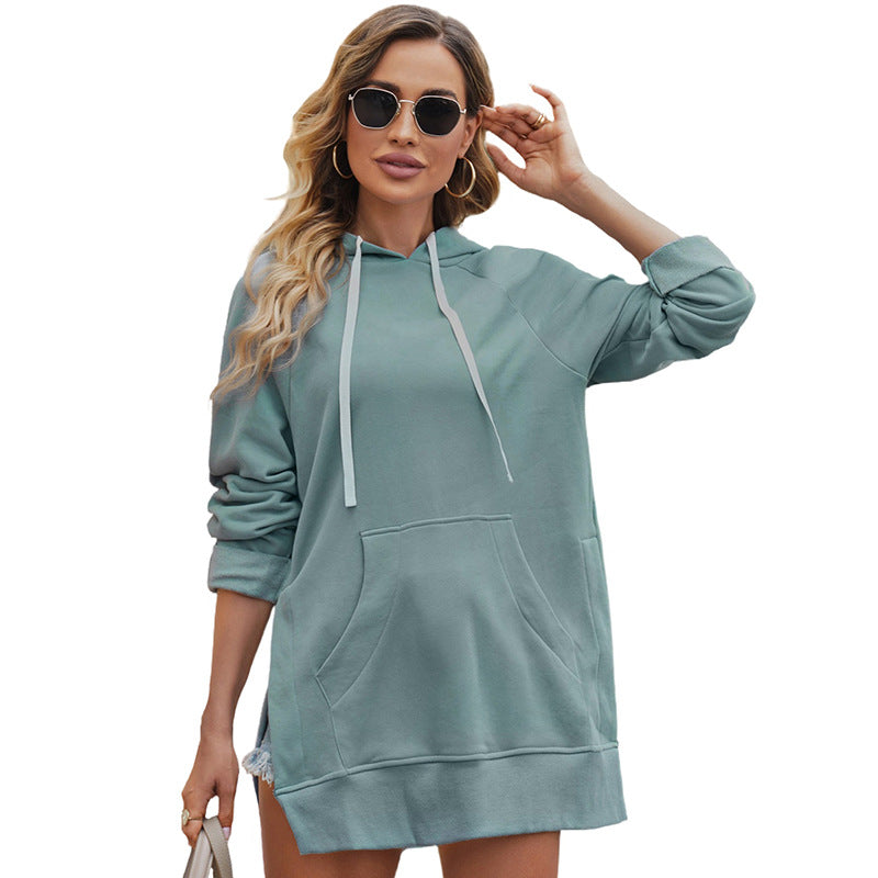Women's Cozy Mid-Length Solid Color Hooded Sweatshirt
