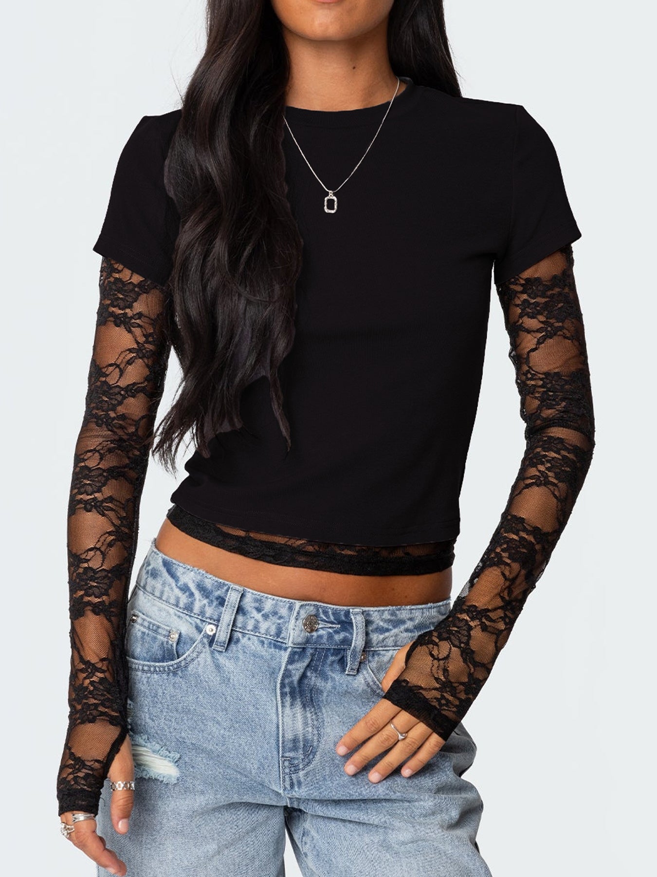 Sexy Women's Fake Two-piece Long Sleeve Crew Neck T-shirt