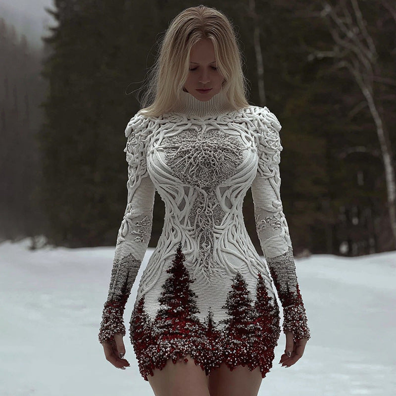 Women's Slim Fit Long Sleeved Short Dress with 3d Printing