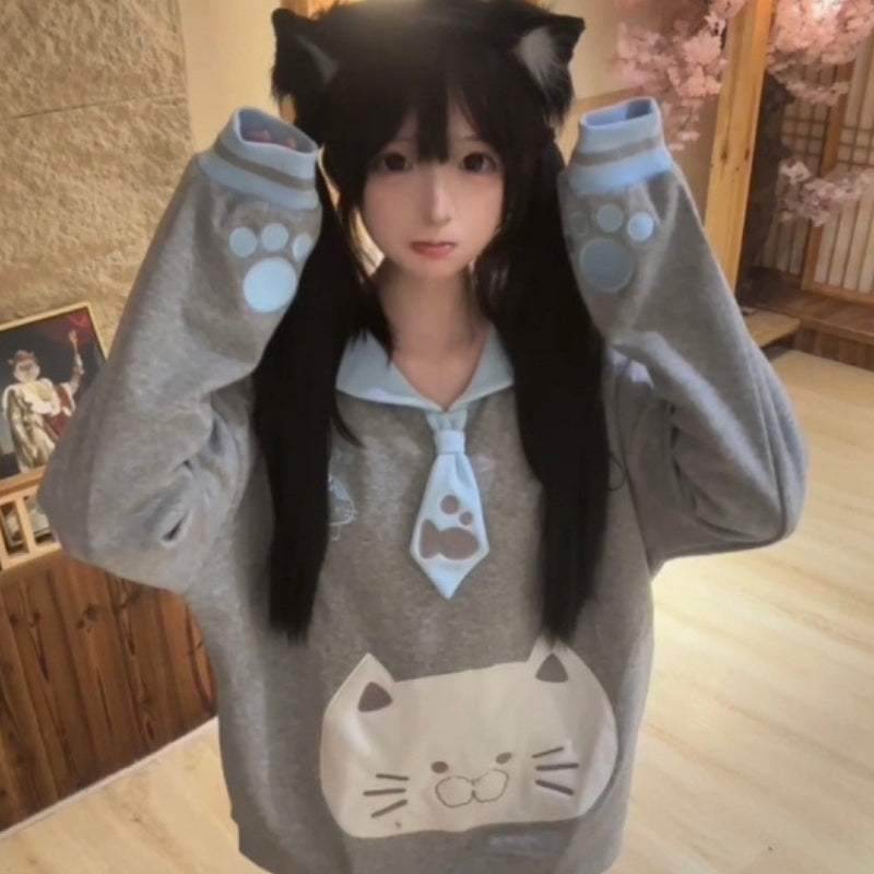 Cute Embroidered Cloud Cat Navy Collar Long Sleeve Sweater