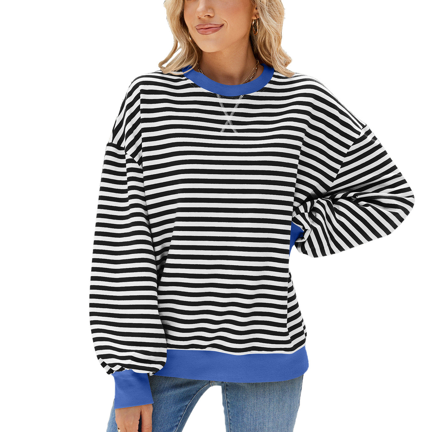 Women's Striped Round Neck Loose Long Sleeve Sweatshirt