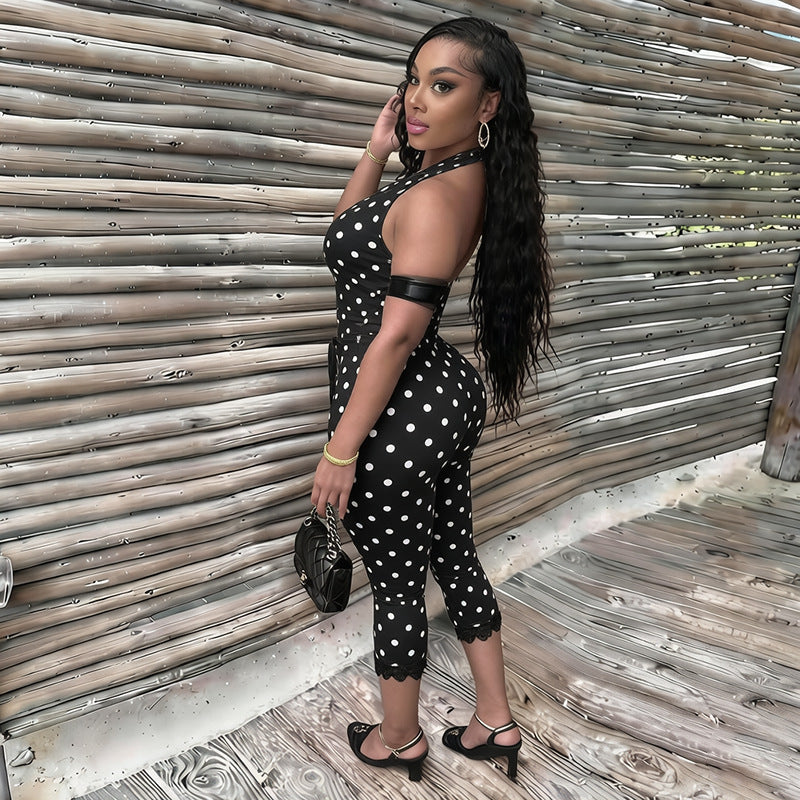 Sexy Polka-dot Halter-neck Backless Tie-detail Jumpsuit