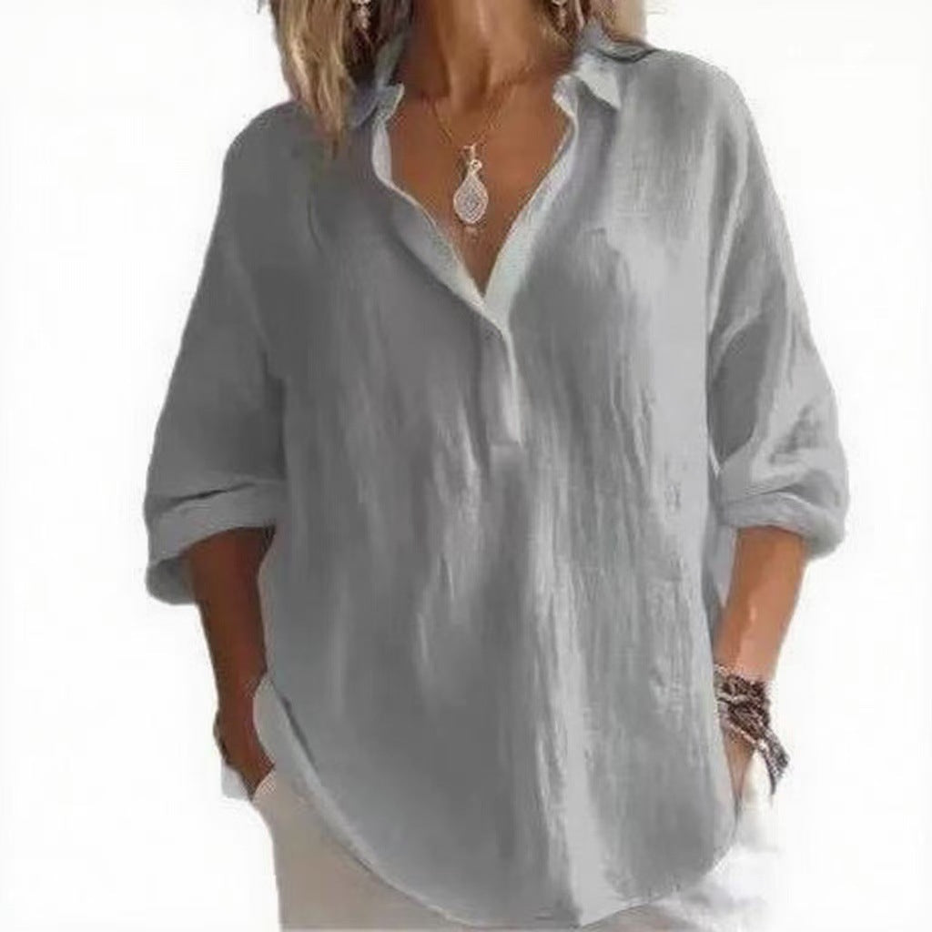 Fashion Long-sleeved Lapel Pullover Shirt Casual Loose Solid Color T-shirt Tops Women's Clothing