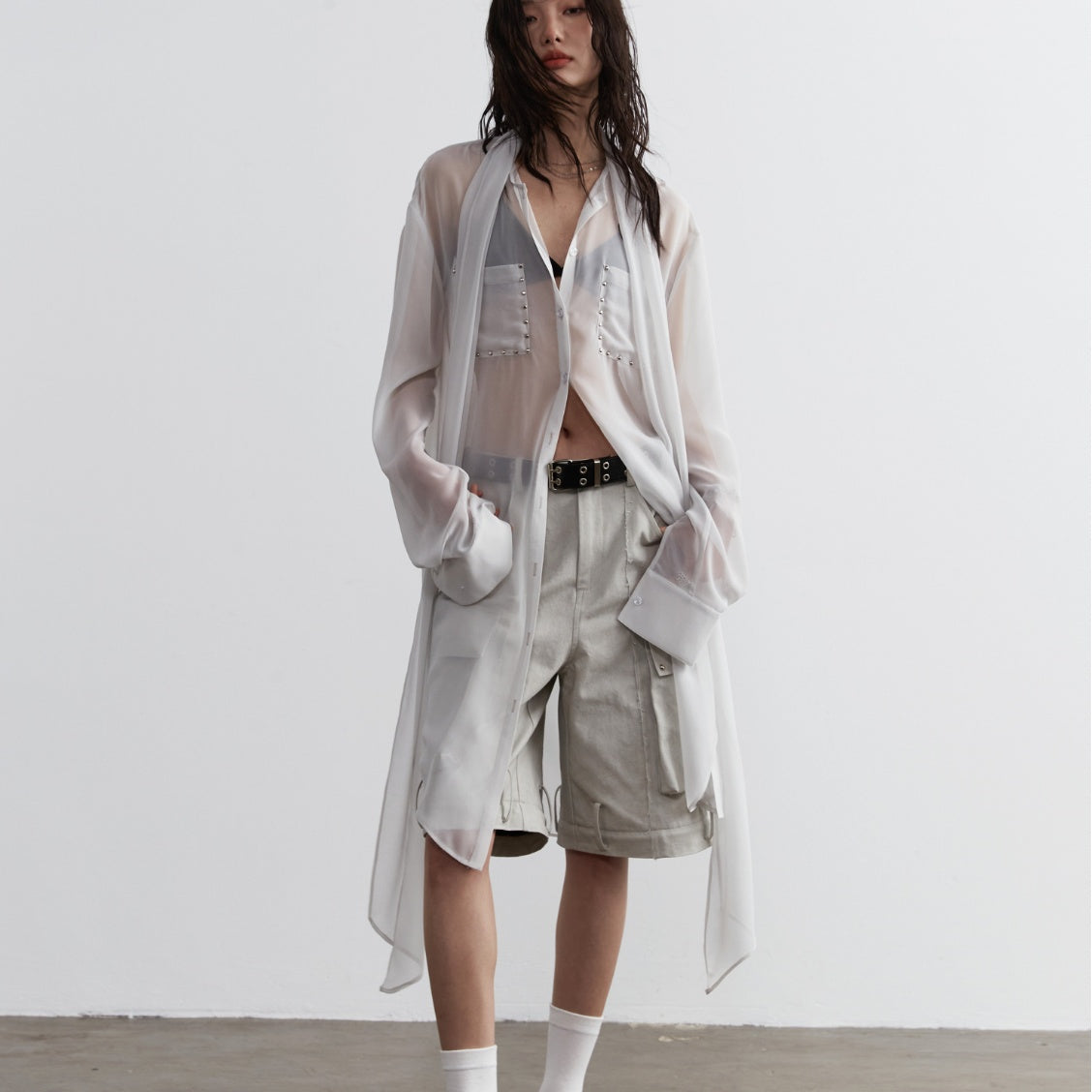 Rivet-decorated Ribbon Long Chiffon Blouse