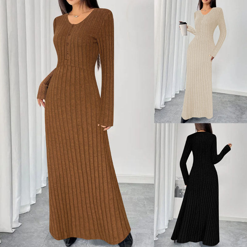 Ribbed Knit V-Neck Half-Button Maxi Dress
