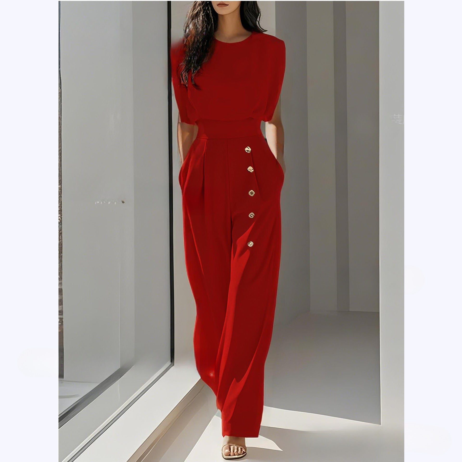 Elegant High-Waisted Button-Detail Straight-Leg Pants