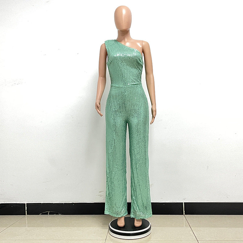 Glamorous One-Shoulder Sequined Wide-Leg Jumpsuit