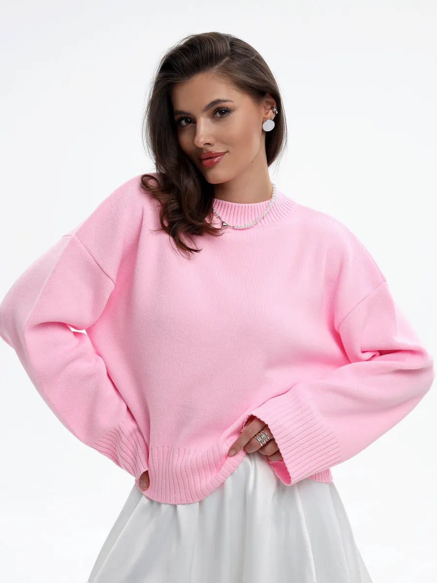 Round Neck Pullover Loose-fitting Solid Color Long Sleeves All-match Sweater
