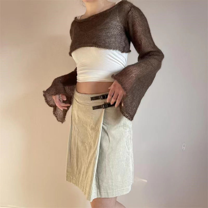Lantern-sleeve Loose Round-neck Hollow-out Knit Sweater
