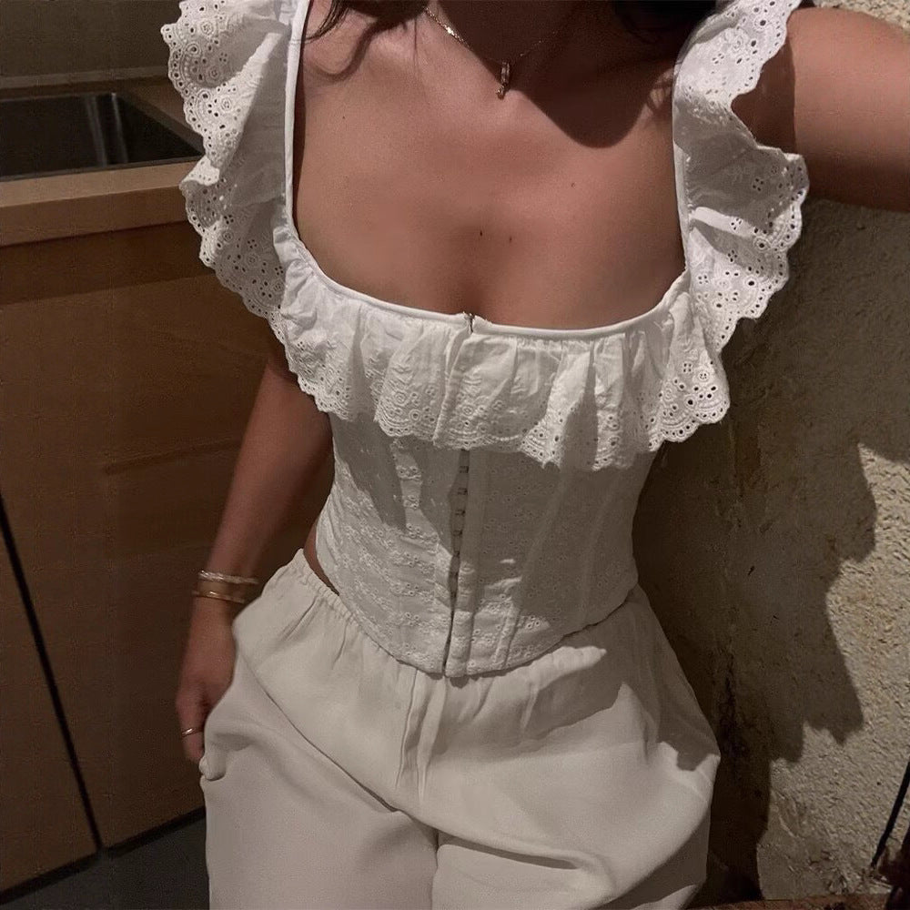 Women's Two-Tone Embroidered Lace Ruffle Vest – Light Cotton Blend