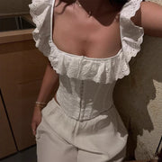 Women's Two-Tone Embroidered Lace Ruffle Vest – Light Cotton Blend