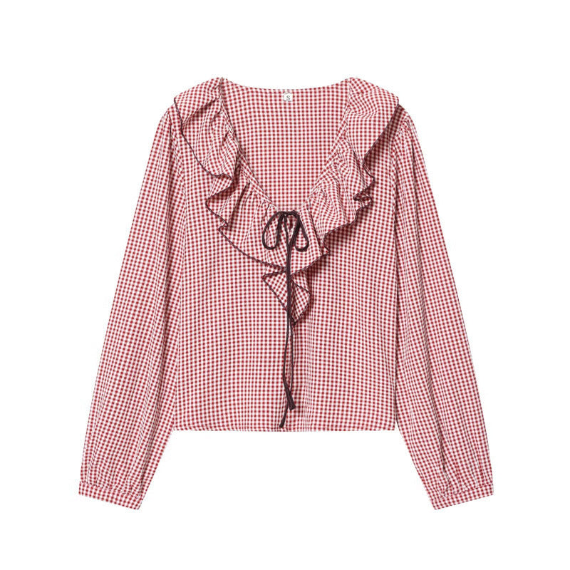 Autumn New Arrival Sweet Layered Decorative Small-Plaid Long-Sleeve Shirt