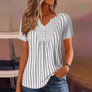 Elegant V‑Neck Striped Patchwork Blouse – Short Sleeve, Pink & Gray