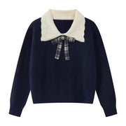 Fallwinter Preppy-style Color-block All-match Peter Pan Collar Sweater for Women