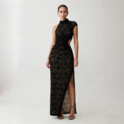 Womens Lace Hollow-out Dress with Side Slit