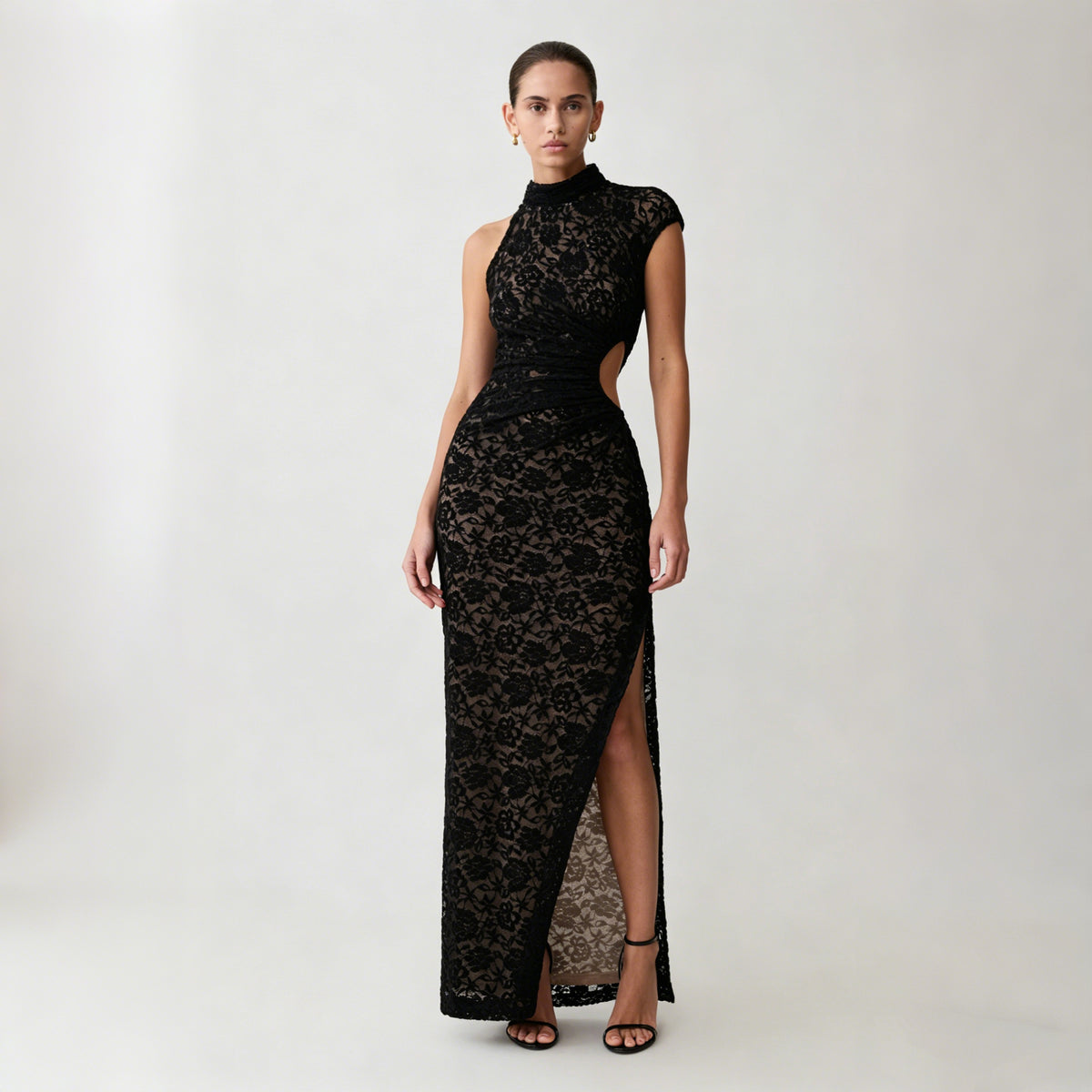 Womens Lace Hollow-out Dress with Side Slit