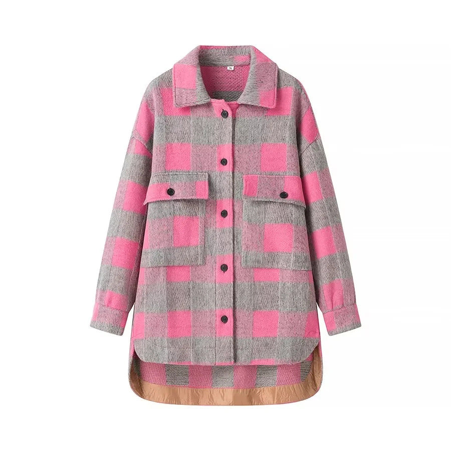 Women's Retro Plaid Loose Turn-down Collar Coat