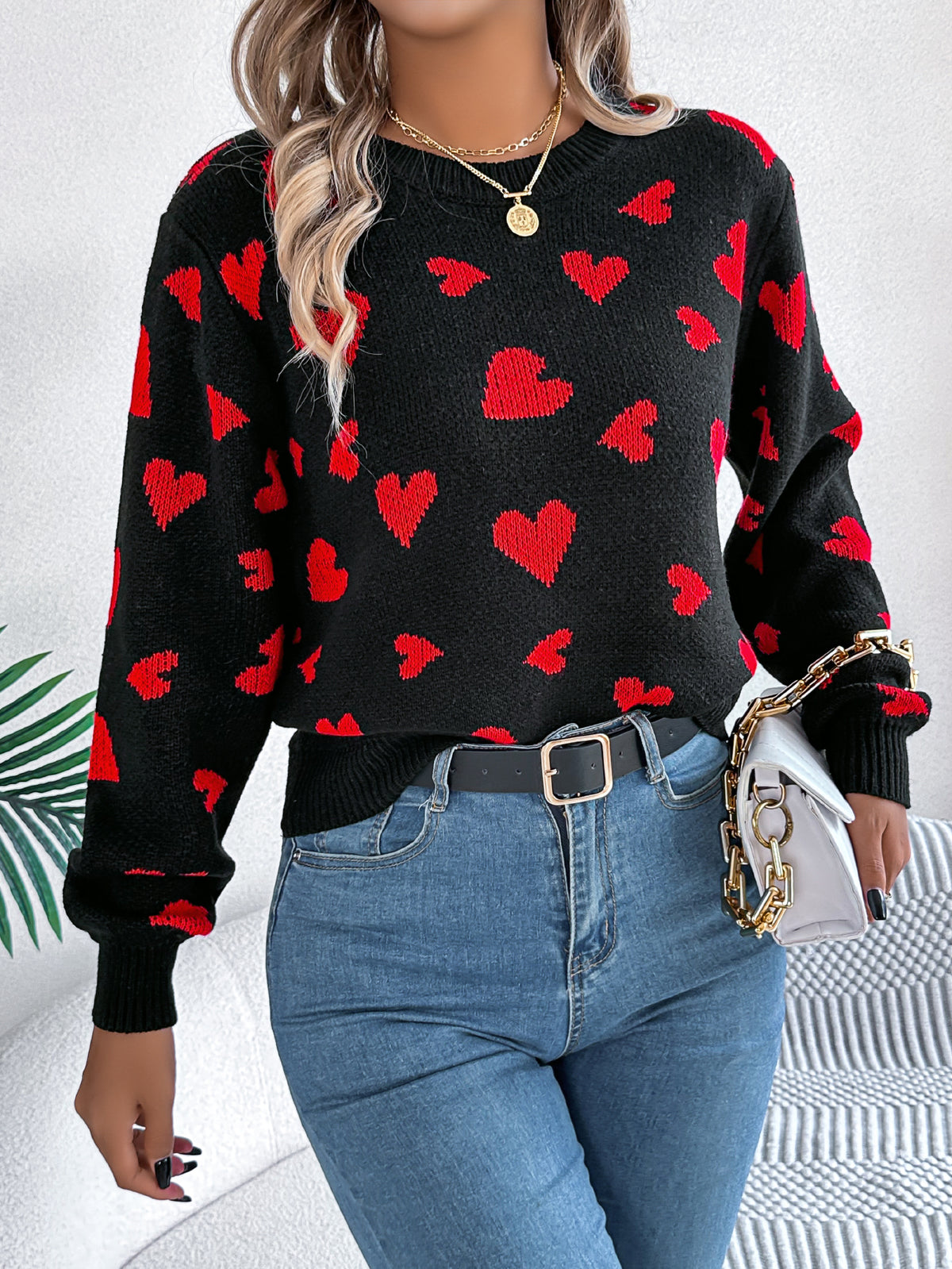 Women Casual Color Block Heart Lantern Sleeve Pullover Sweater