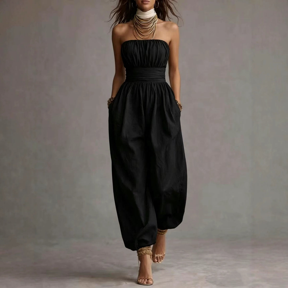 Linen-cotton Strapless Balloon-leg Jumpsuit