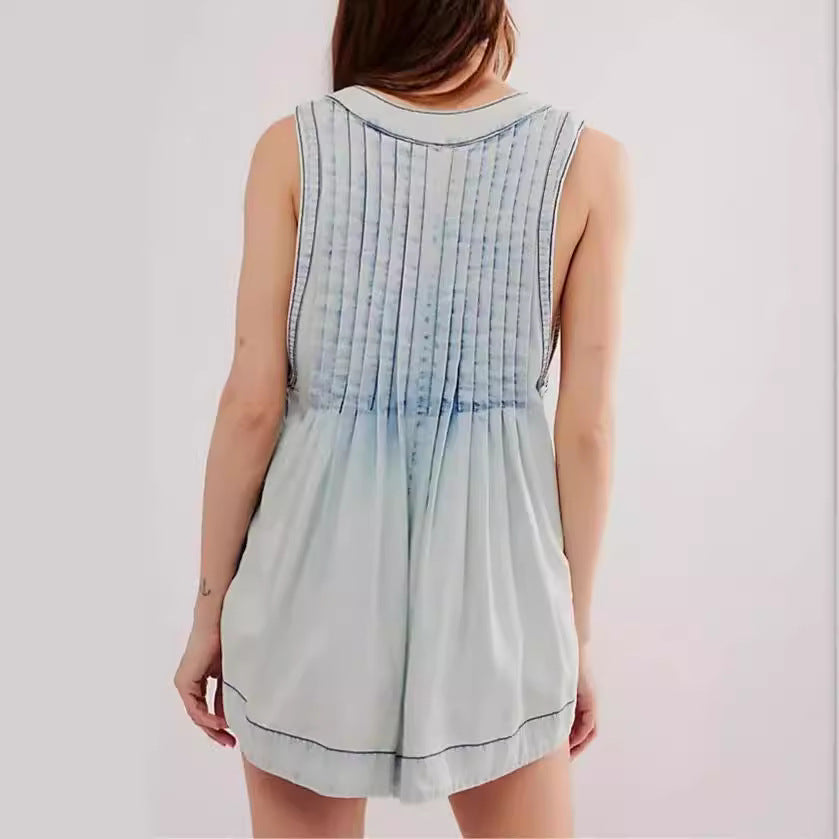 Women's V-Neck Denim Romper Casual Sleeveless Shorts Jumpsuit