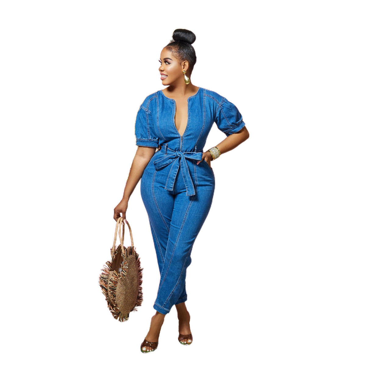 Women's Casual Blue Washed Denim Jumpsuit