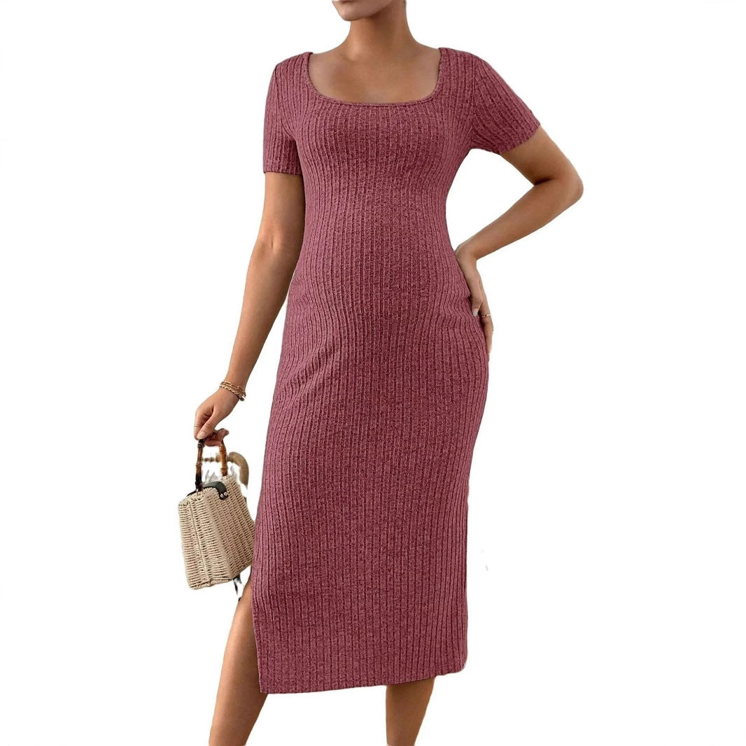 Elegant Knitted Short-sleeve Maternity Dress