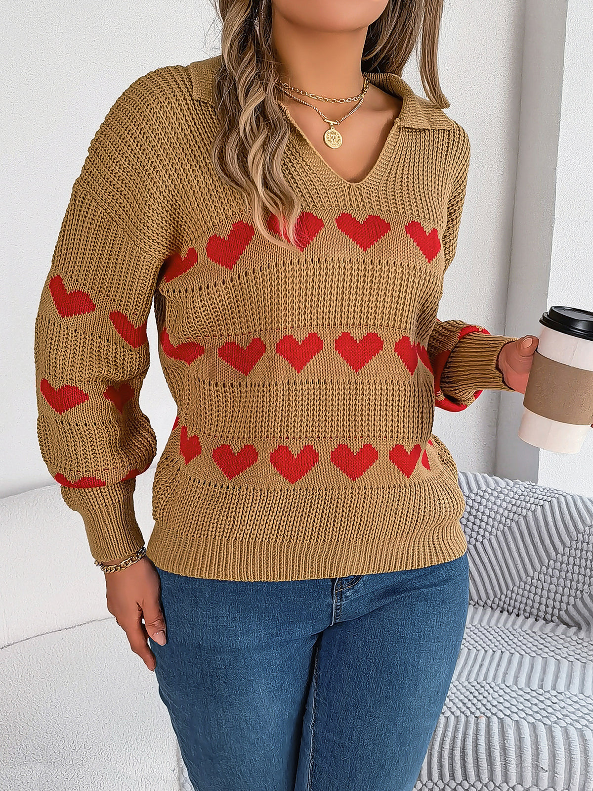 Women Casual V-neck Lantern Sleeve Color Block Heart Pullover Sweater