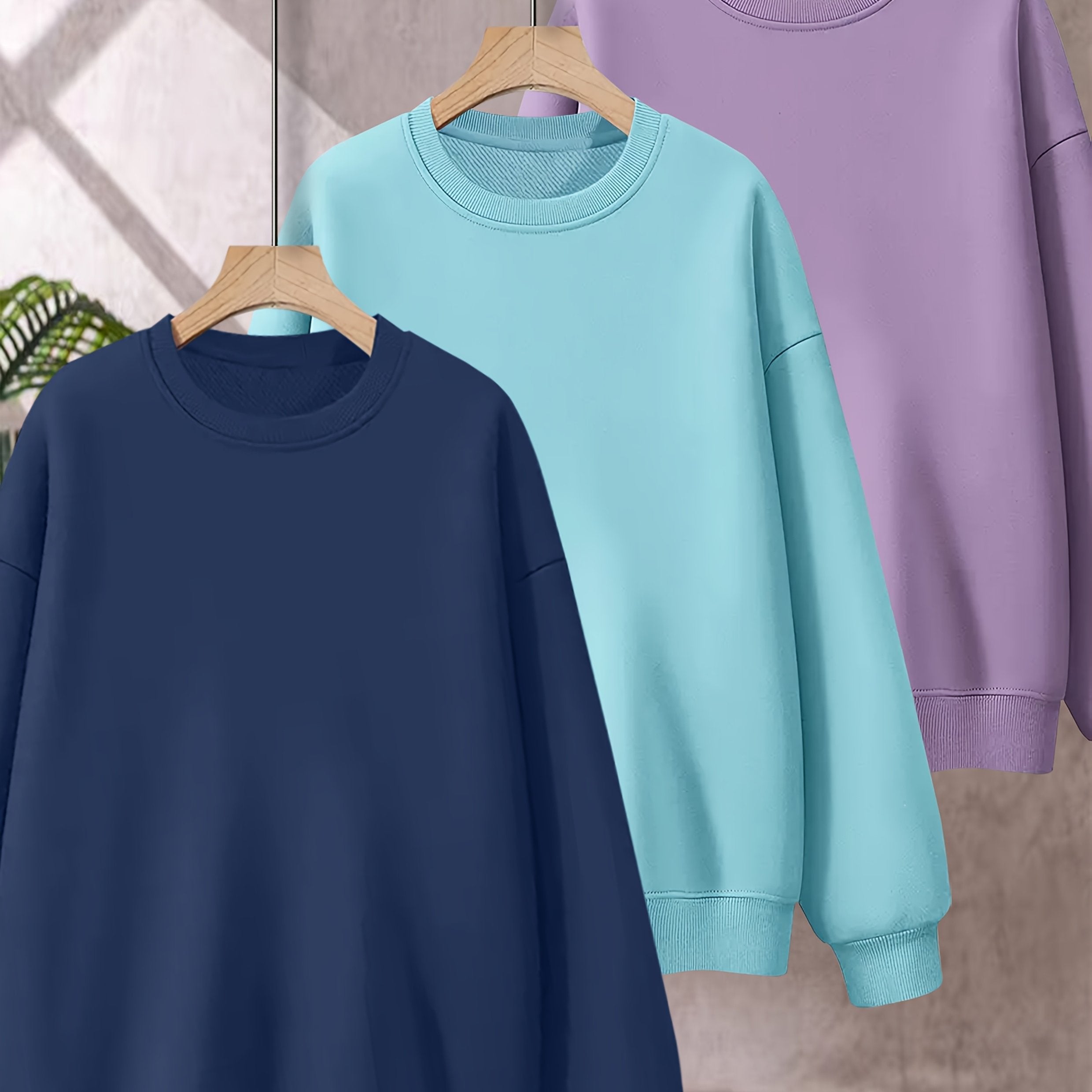 Plus Size 3‑Piece Sweatshirt Set – Women's Casual Crew Neck, Solid Color