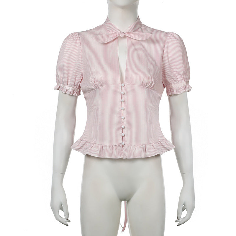 Chest-flattering Button Flounce Short Sleeve