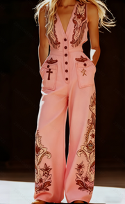 Womens V-Neck Sleeveless Wide-Leg Denim Jumpsuit