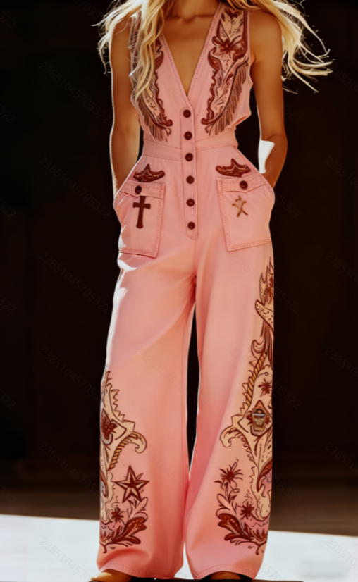Womens V-Neck Sleeveless Wide-Leg Denim Jumpsuit